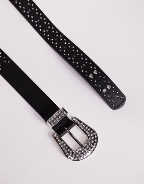 ASOS DESIGN - Western cowboyriem van imitatieleer en kristallen studs in zwart - view 1