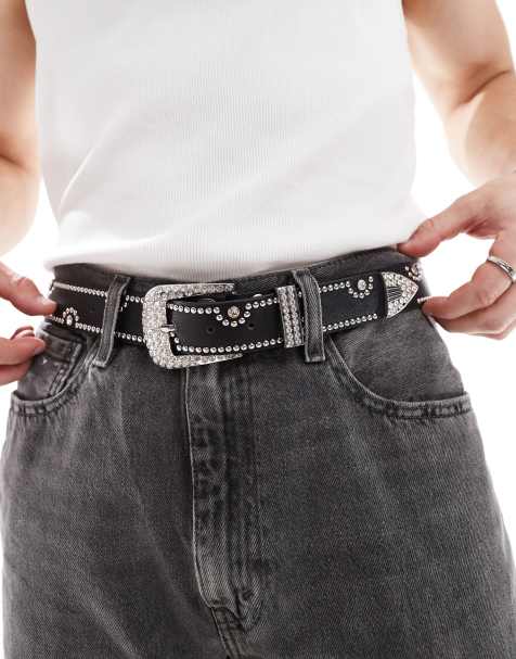 ASOS DESIGN - Western cowboyriem van imitatieleer met studs en siersteentjes in zwart - view 1