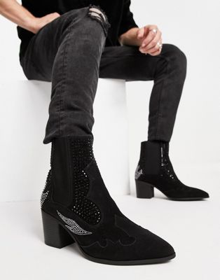 ASOS DESIGN western cuban chelsea boot with diamante detail in black faux leather