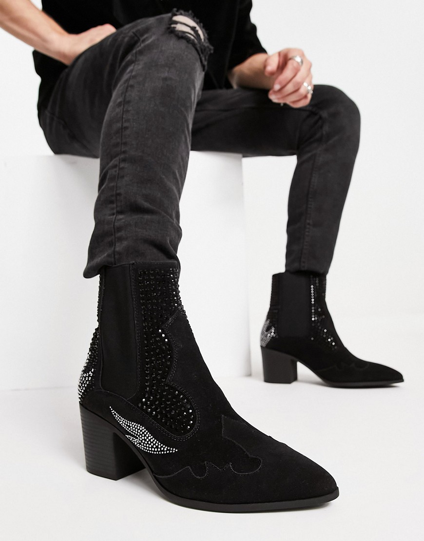 ASOS DESIGN Western Cuban Chelsea boots with diamante detail in black faux leather