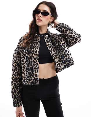 Asos Design Western Denim Jacket In Leopard Print-multi