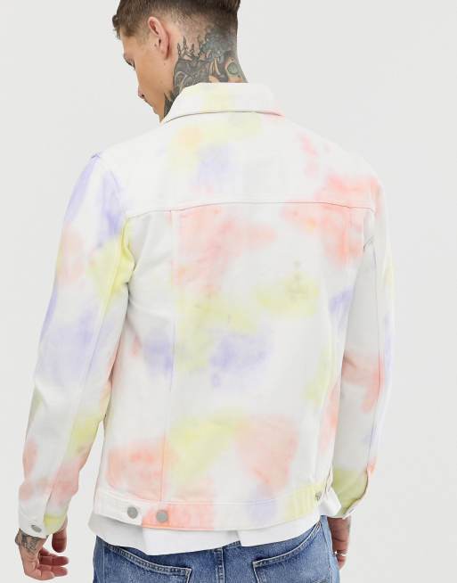 Kenning Collared Tie Dye Button-Up Denim Jacket blue/pink/yellow/denim XL