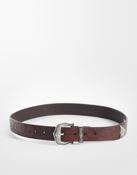 ASOS DESIGN western embossed pattern belt with engraved silver-tone buckle in dark brown - view 1