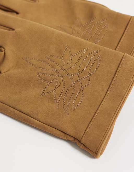 ASOS DESIGN western embroidered faux leather gloves in tan, 2 of 3