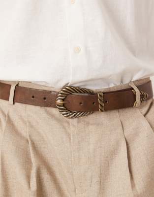 ASOS DESIGN ASOS DESIGN western faux leather burnished brown jeans belt with ridge detail buckle in antique gold