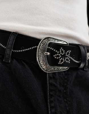 Asos Design Western Floral Pin Studded Belt With Rhinestone Detail