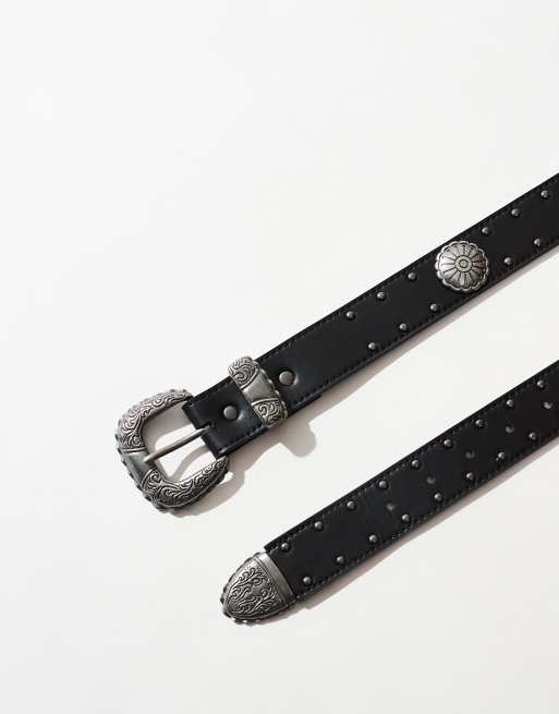 ASOS DESIGN western floral studded belt in faux black leather