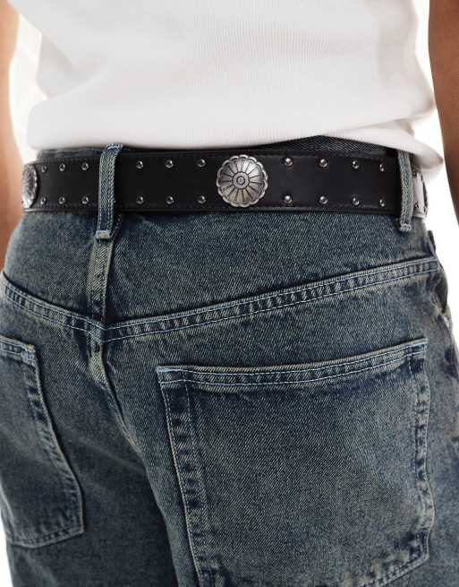 ASOS DESIGN western floral studded belt in faux black leather