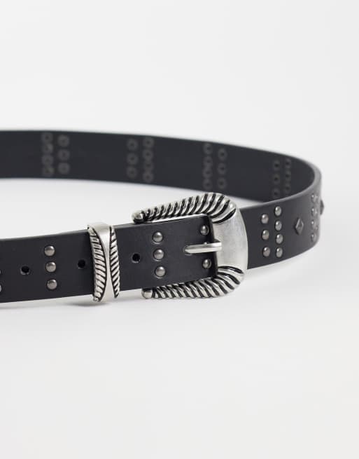 ASOS DESIGN Western-Gürtel mit Schnalle und Nieten in Schwarz aus Kunstleder, 2 von 3