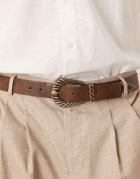 ASOS DESIGN - Western jeansriem van verweerd bruin imitatieleer met gesp met richeldetail in antiek goud - view 1