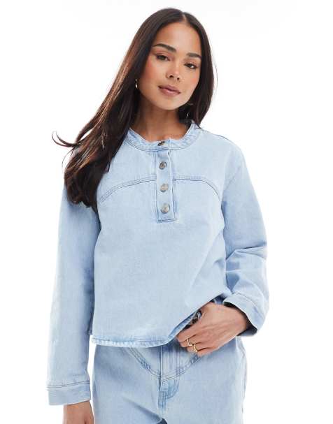 ASOS DESIGN - Western overhemd zonder kraag in gebleekt denim - view 1