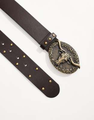 Asos Design Western Plate Bull's Head Buckle Studded Belt