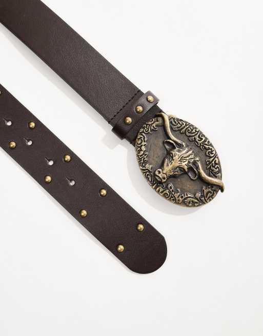 ASOS DESIGN western plated bull buckle studded belt in brown faux leather, 2 of 3
