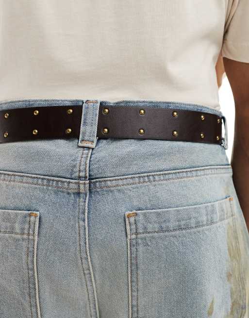 ASOS DESIGN western plated bull buckle studded belt in brown faux leather, 3 of 3