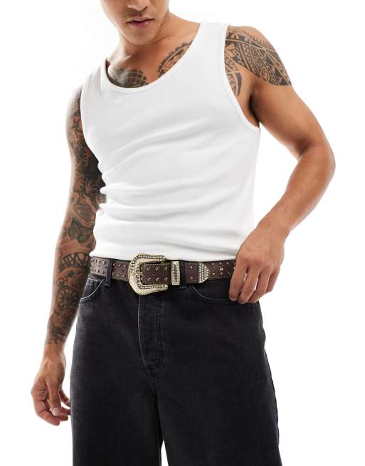 ASOS DESIGN - Western riem van imitatieleer met studs en siersteentjes in bruin