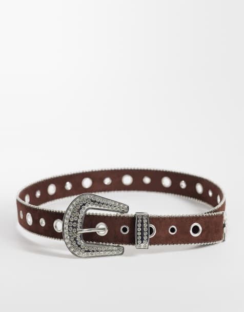ASOS DESIGN - Western riem van imitatiesuède met gesp met siersteentjes in bruin - view 1