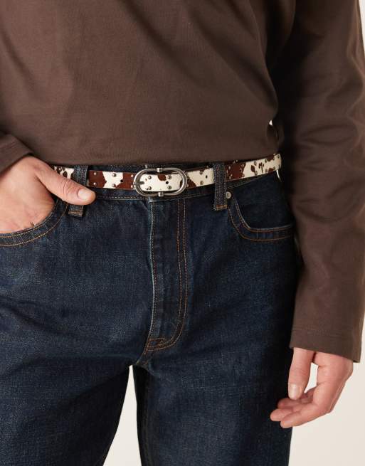 ASOS DESIGN western skinny belt with cow print in leather, 2 of 3