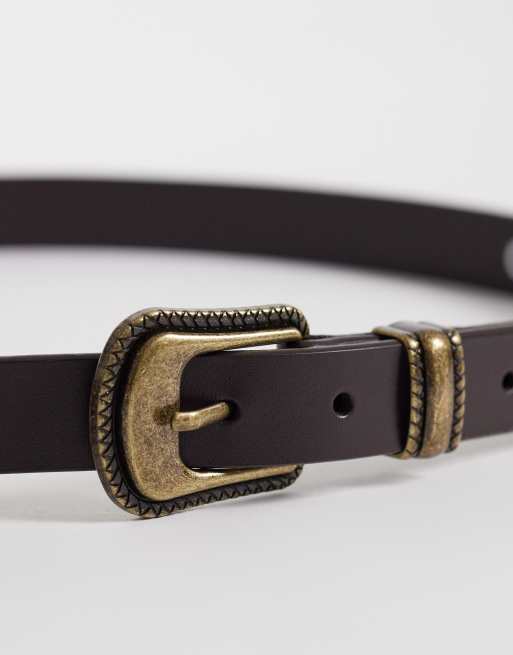 ASOS DESIGN western skinny leather belt with antique gold buckle, 2 of 3