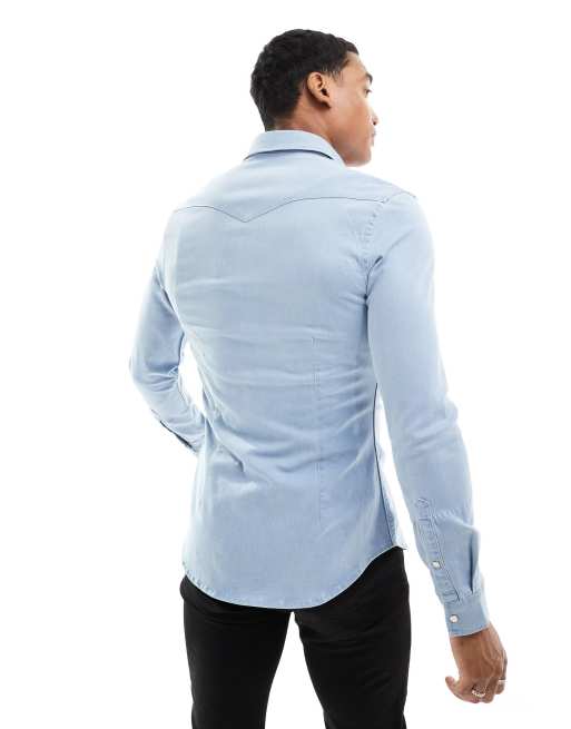 ASOS DESIGN - Western-skjorte i blå denim i lys vask i skinny fit, 4 af 4