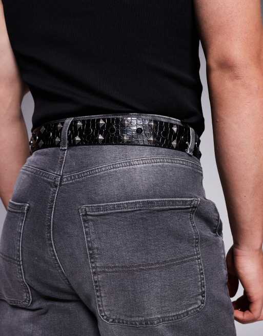 ASOS DESIGN western stud and diamante trophy belt in faux croc leather