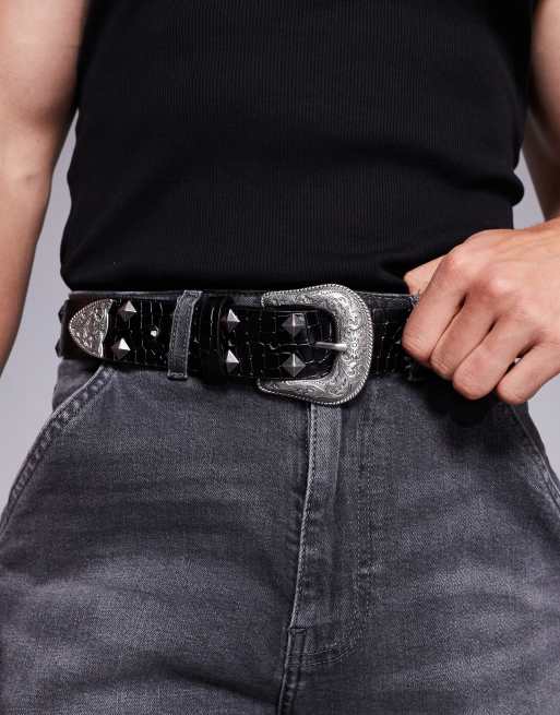 ASOS DESIGN western stud and diamante trophy belt in faux croc leather