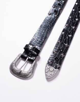 Asos Design Western Stud And Diamante Trophy Belt In Black