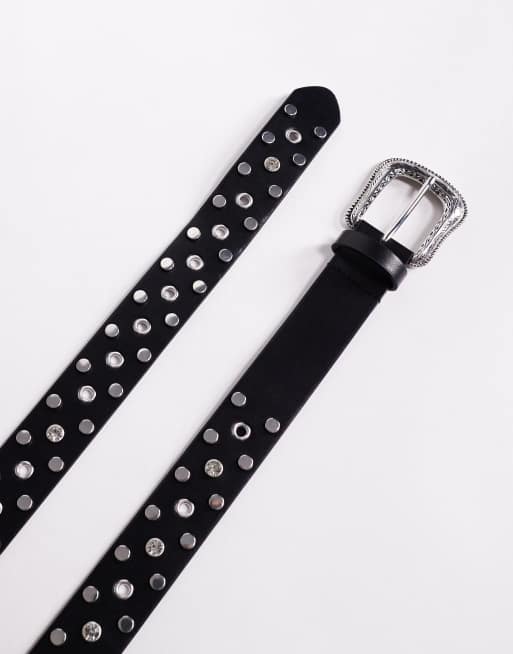 ASOS DESIGN western studded diamante belt in black faux leather