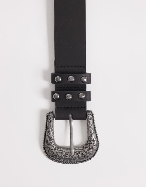 ASOS DESIGN western studded faux leather belt with silver buckle in black, 2 of 3