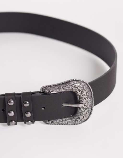 ASOS DESIGN western studded faux leather belt with silver buckle in black, 3 of 3