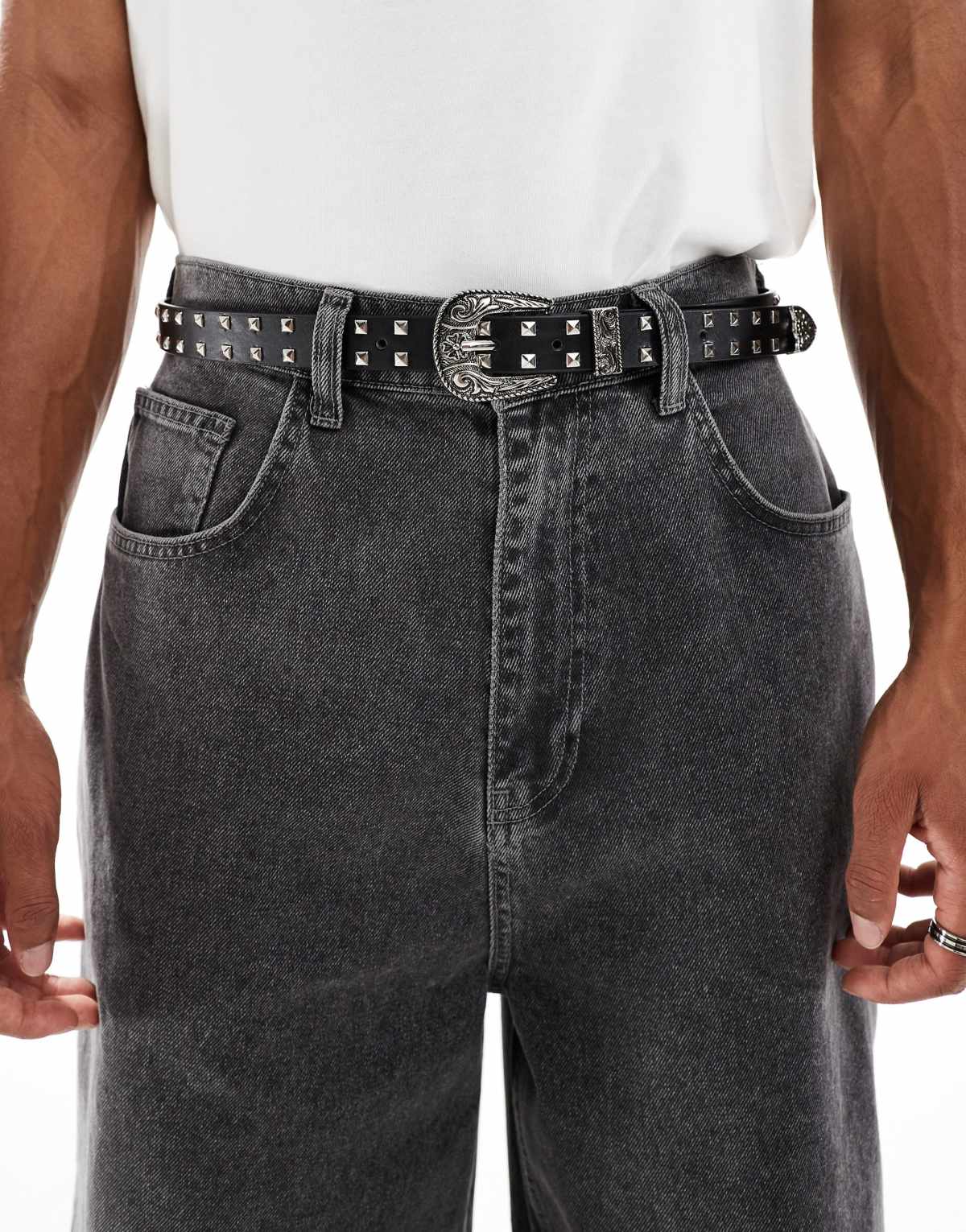 ASOS DESIGN western studded skinny belt in black faux leather