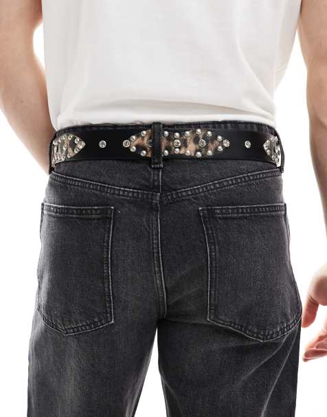 ASOS DESIGN western studded trophy belt in black faux leather with leopard print detail - view 1