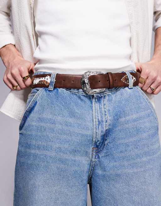 ASOS DESIGN western studded trophy belt with cow print detail in vintage brown faux leather