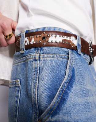 Asos Design Western Studded Trophy Belt With Cow Print Detail