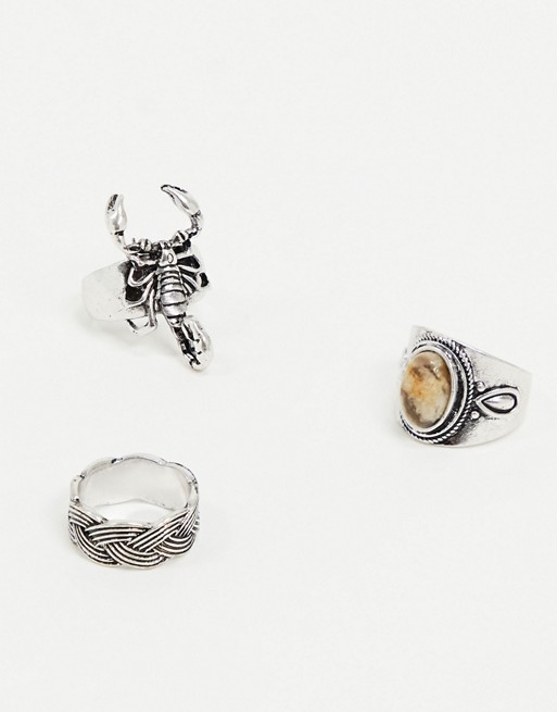 ASOS DESIGN western style ring pack in silver tone