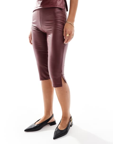 ASOS DESIGN wet look ruched asymmetric high neck top and capri pants in burgundy - view 1