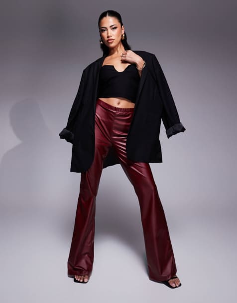 ASOS DESIGN wetlook flare legging co ord in burgundy - view 1