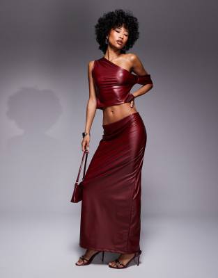 ASOS DESIGN wetlook midi skirt in burgundy-Red