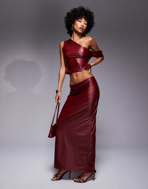 ASOS DESIGN wetlook midi skirt in burgundy - view 1