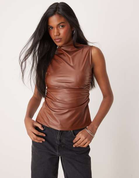 ASOS DESIGN wetlook ruched high neck top co ord in chocolate - view 1