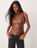 [ASOS DESIGN] ASOS DESIGN wetlook ruched high neck top in chocolate (part of a set)-Brown S Chocolate