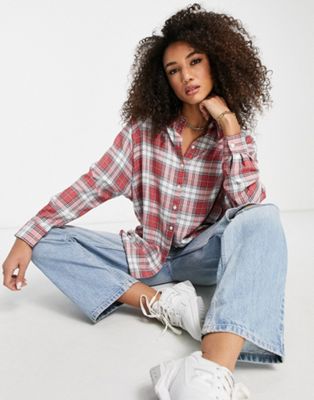 ASOS DESIGN WFH long sleeve boyfriend shirt in red and white check | ASOS
