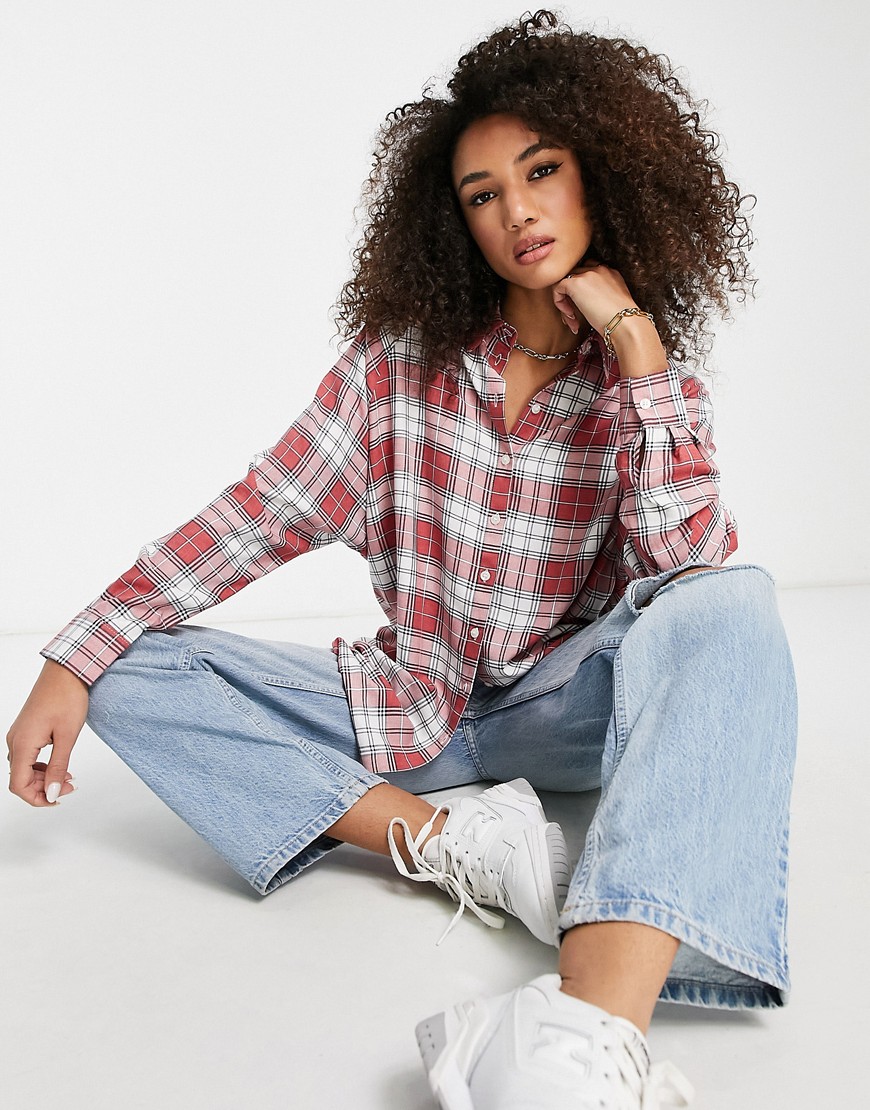 ASOS DESIGN WFH long sleeve boyfriend shirt in red and white check-Multi