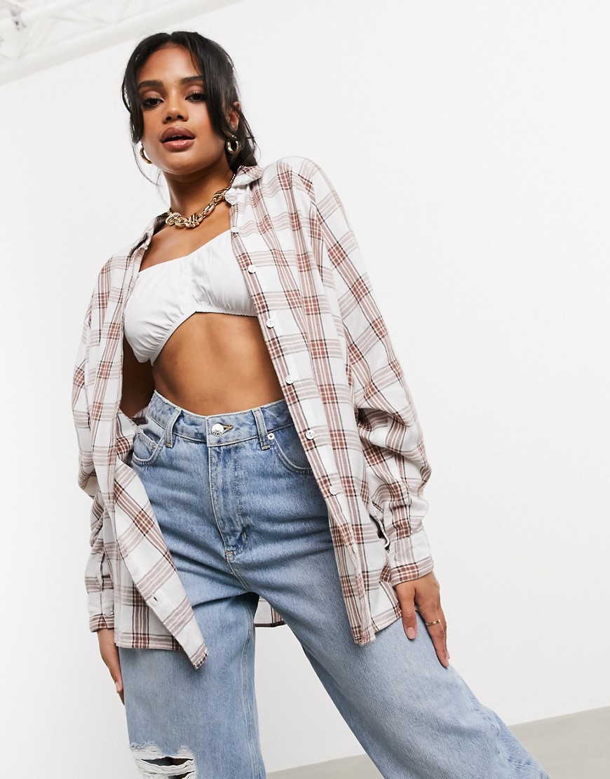 ASOS DESIGN WFH long sleeve boyfriend shirt in tan and ivory check-Multi