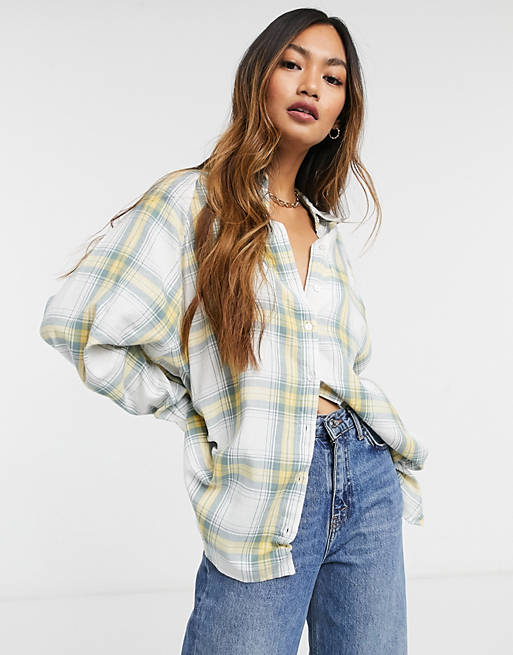 ASOS DESIGN WFH long sleeve boyfriend shirt in washed green and yellow check