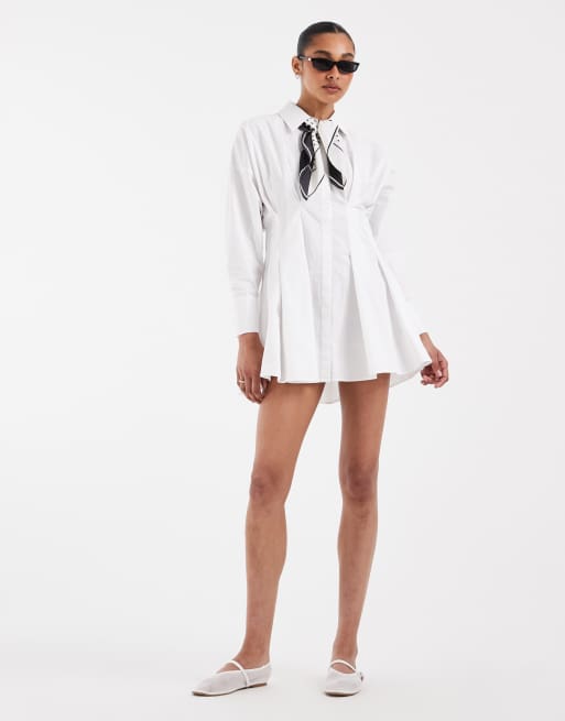 ASOS DESIGN white cinched shirt dress with broderie trim in white, 2 of 4