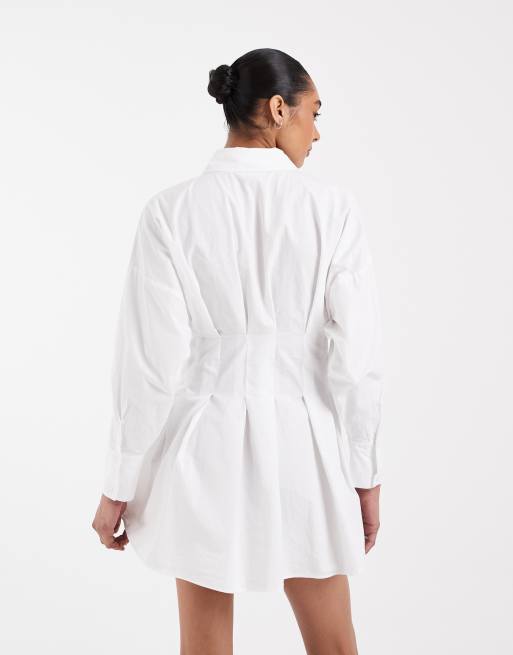 ASOS DESIGN white cinched shirt dress with broderie trim in white, 4 of 4