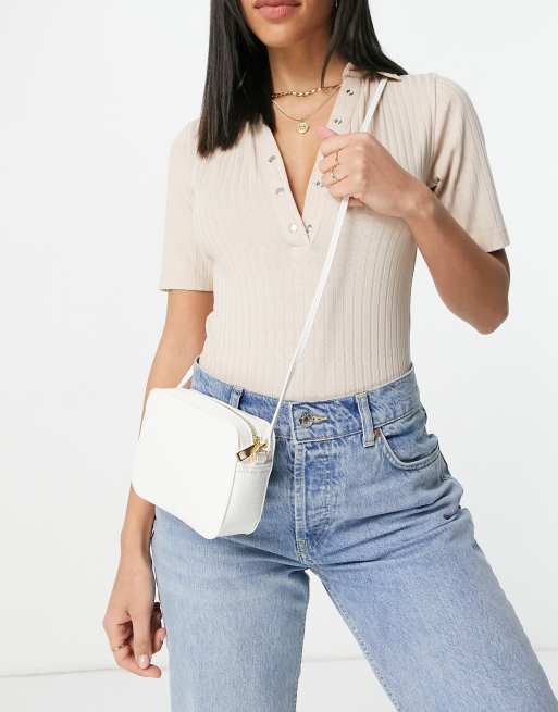 ASOS DESIGN faux leather croc crossbody camera bag in off white