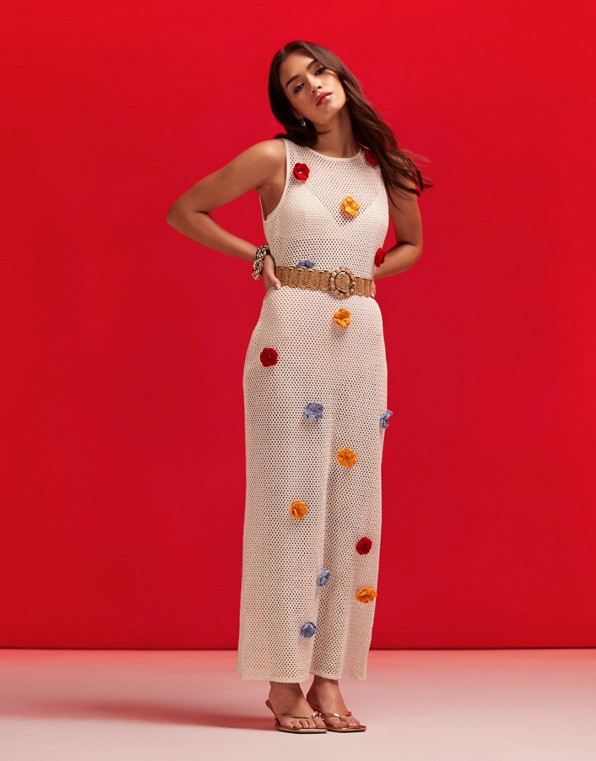 Asos Design White Crochet Maxi Dress With 3d Crochet Flowers-multi