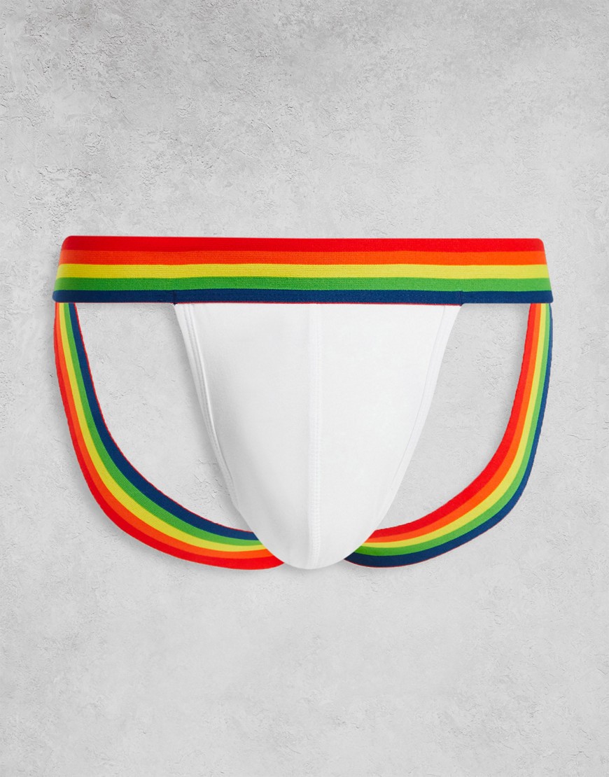 ASOS DESIGN white jock with rainbow elastic