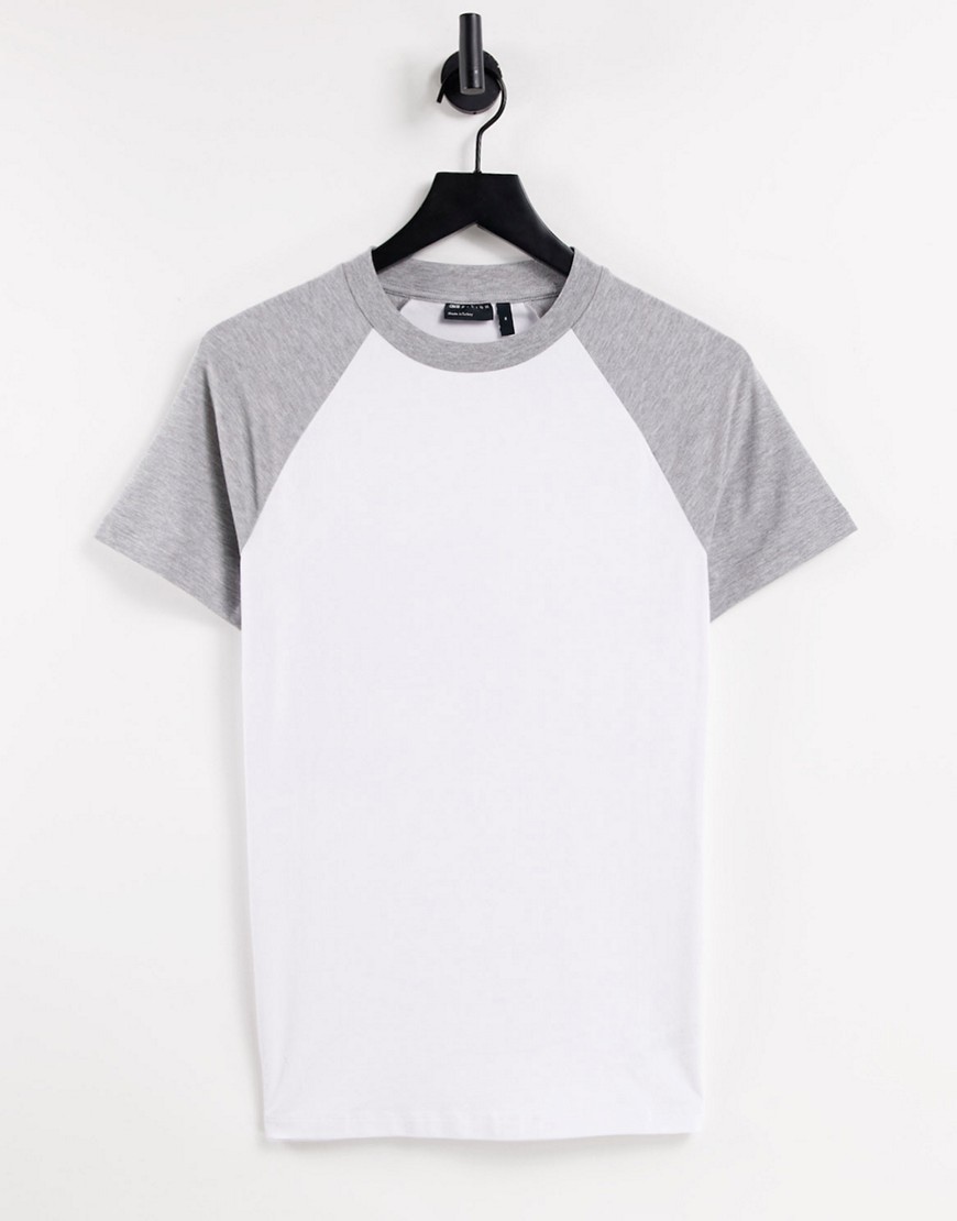 ASOS DESIGN white muscle fit raglan t-shirt with contrast sleeves in gray heather